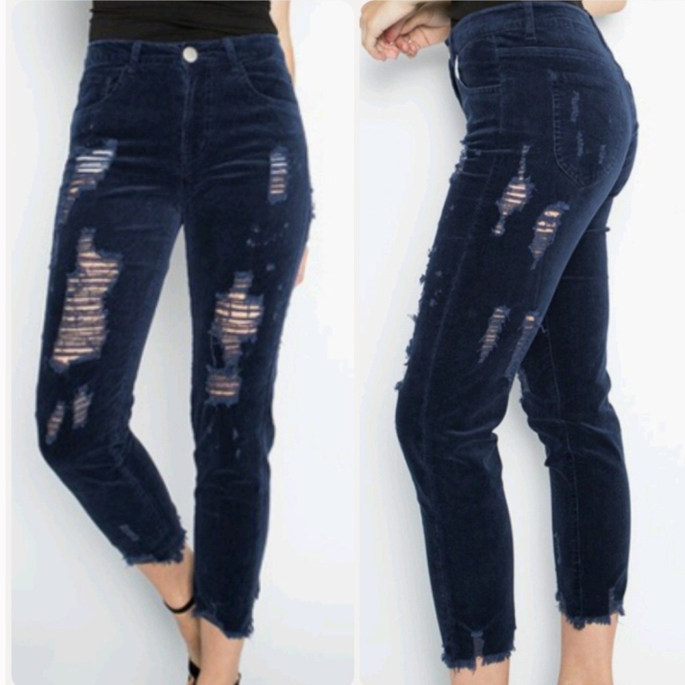 🆕Navy Blue High-Waist Ripped Corduroy Cropped Skinny Jeans With Raw Hemline